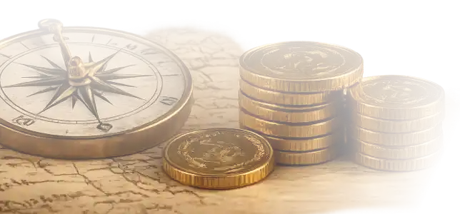 compass and gold coins
